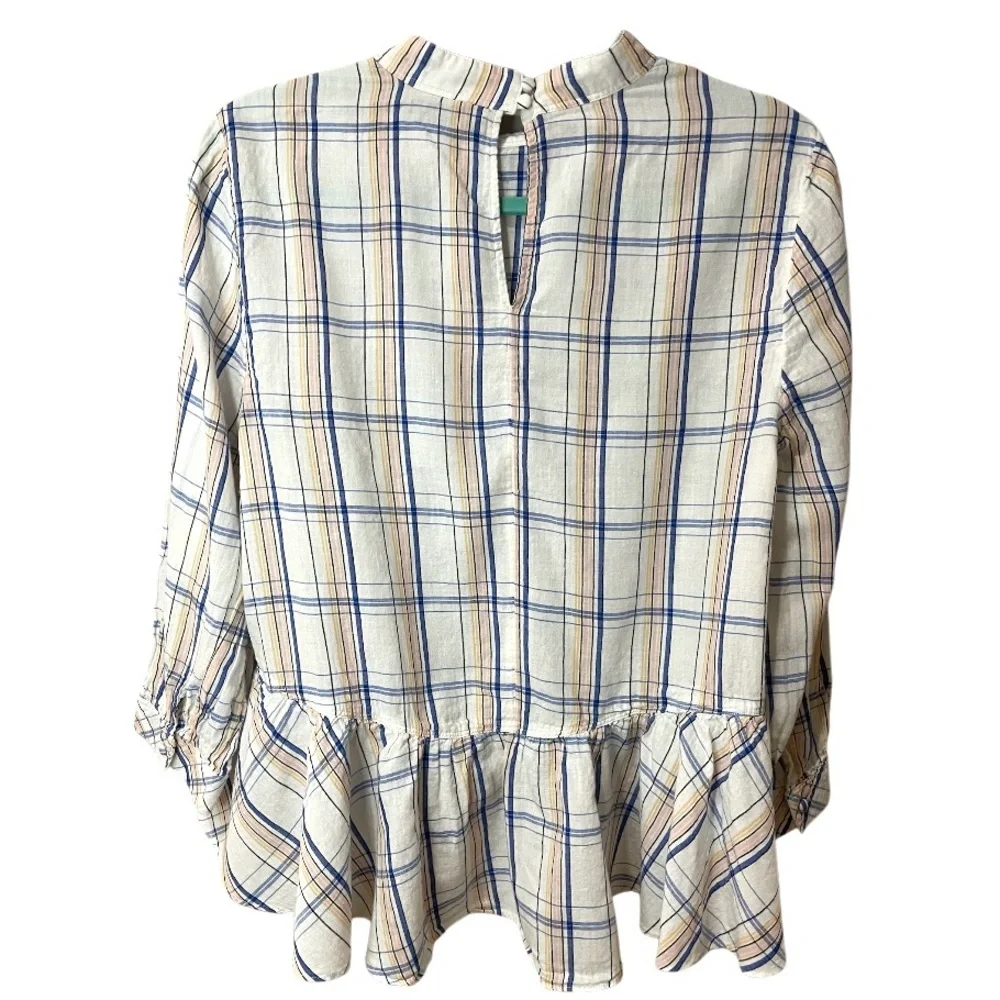 ANTHROPOLOGIE Maeve Plaid Ruffle Blouse Top Long Sleeve High Low Hem SZ 10 EUC - Picture 6 of 10